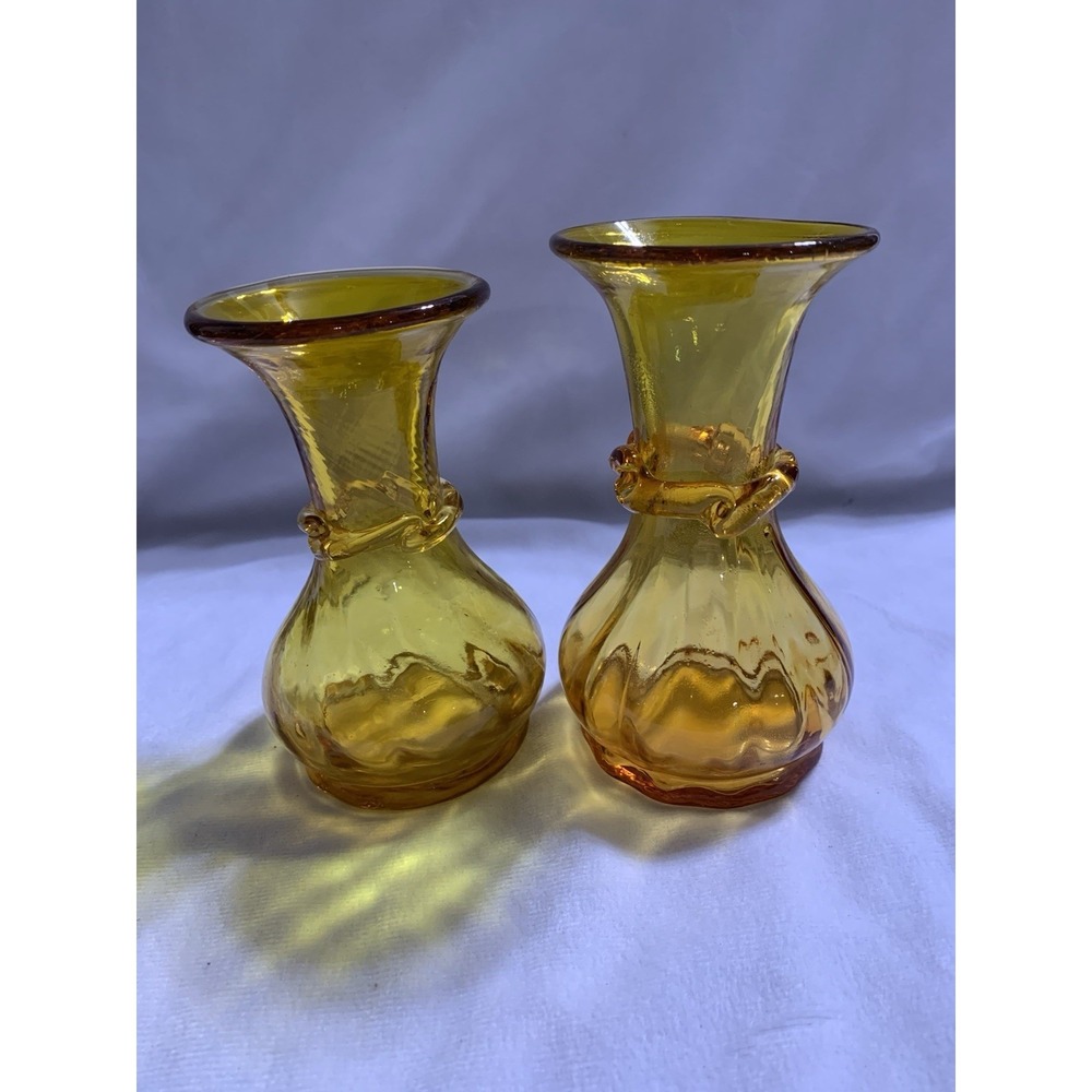 Vintage MCM Yellow Hand Blown Glass Mini Bud Vases Applied Design Set Of 2